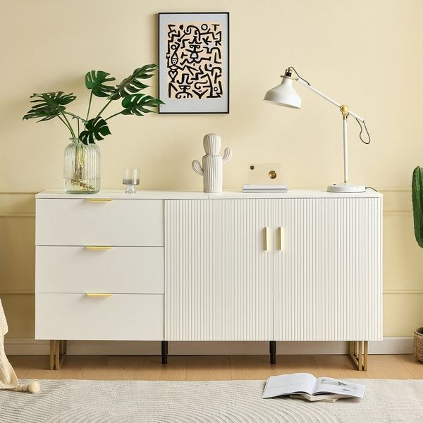 Merax Sideboard mit Gold-Akzenten, Zinklegierung-Griffe & Stahlbeine (160 L x 40 B x 81,5 H, 1 St), Kommode mit 2-Türiges und 3-Schubladen, Buffetschrank, Anrichte