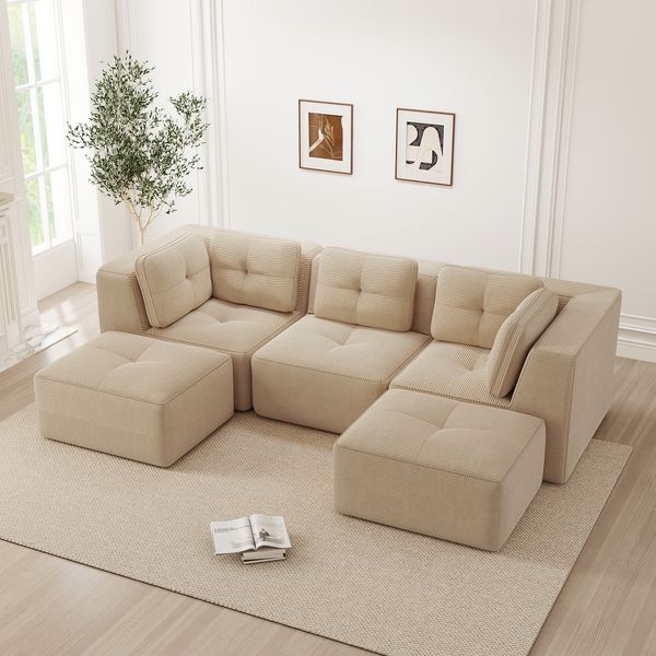 Flieks 3-Sitzer Modulares Sofa mit 2x Hocker, Cloud Sofa Cord rahmenlos, Lounge Sofa bodennah, mit breiten Armlehnen, Beige