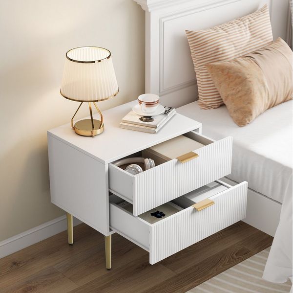 REDOM Nachttisch Kommode,Nightstand (Moderner Weißer Nachttisch mit 2 Schubladen und Metallbeinen – Eleganter Nachttisch für Schlafzimmer, robuster Stauraum, 1-St, 53x41,5)