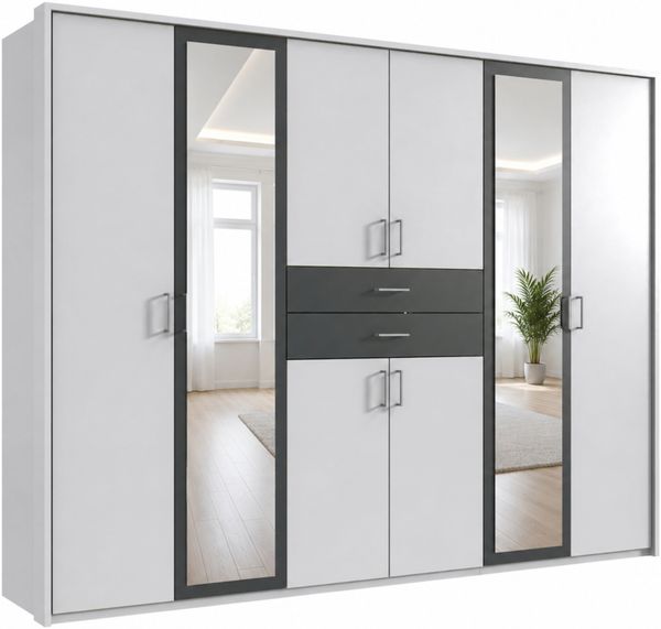 Drehtürenschrank Kleiderschrank 273cm Schublade Spiegel Passepartout Weiß,Grafit