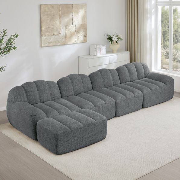 Modulares 4-Sitzer Sofa 79cm×366cm×165cm mit Ottoman – rahmenloses Ecksofa aus Granuliertem Fleece in Grau
