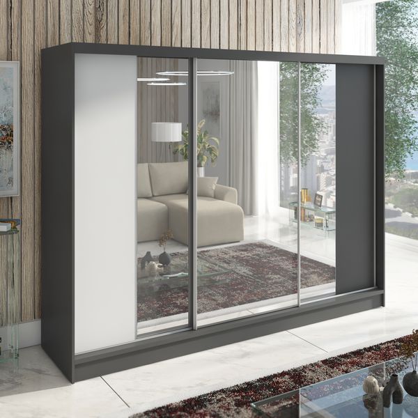 Schwebetürenschrank VENA 3-türig Schrank 200 cm (mit Spiegel) Farbe: Graphit , Weiß