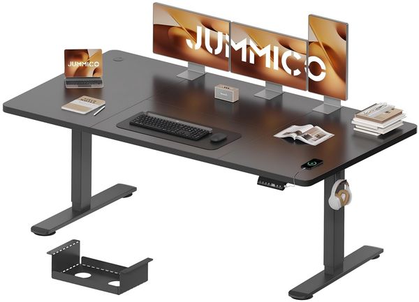 JUMMICO Schreibtisch elektrisch höhenverstellbar mit Kabelwanne & USB-Buchse, Schwarz, 180x80 cm