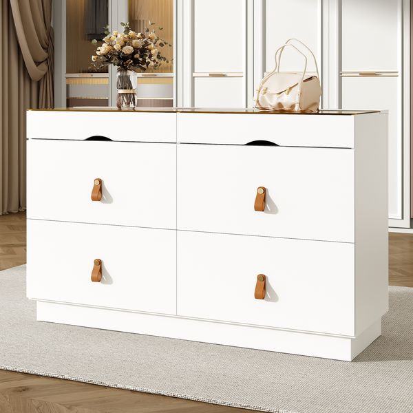Merax Sideboard aus Einscheibensicherheitsglas, Kommode mit 6 Schubladen,schminktisch, Facheinteilung, kippsicher, Hochschrank für Schlafzimmer und alle Wohnräume, B120 x T40 x H78cm, weiß