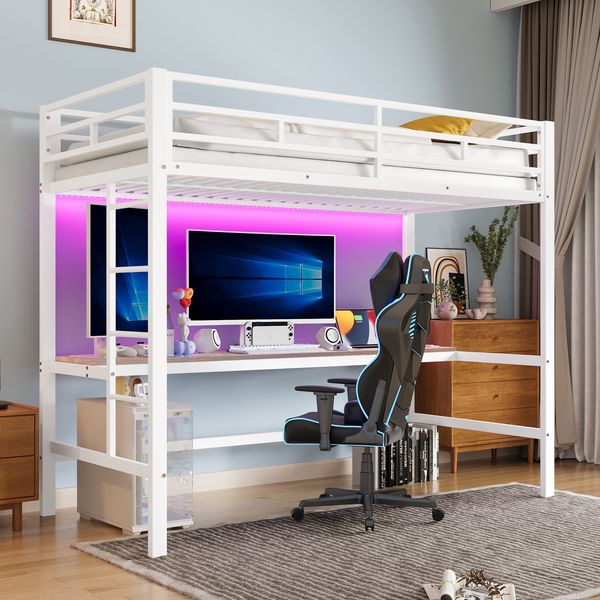 Kinder Hochbett 90x200 cm mit Geländer und Trittleiter, APP-Fernbedienung 7-farbige LED-Lichtleiste, Lerntisch, USB + Typ-C ,Weiß