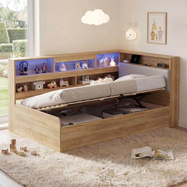 Merax Kinderbett 90x200cm, Holzbett, Jugendbett, Daybett, Hydraulisches Stauraumbett, mit USB-Ladestation und LED-Beleuchtung, Naturfarbe