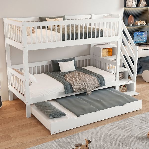 Novelux Etagenbett 90x200 mit Rollbett 90x190 und Treppenschrank – Kinderetagenbett aus Kiefer/MDF in Weiß, mit Fallschutzgitter und Handlauf
