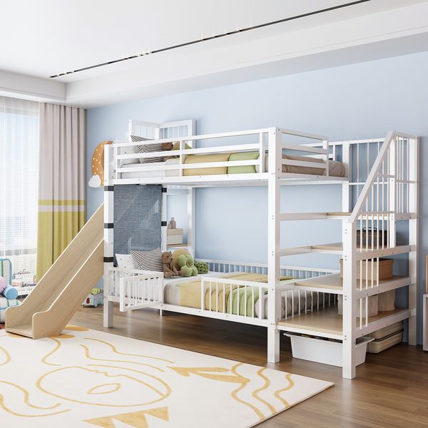 Etagenbett 90×200 cm aus Metall mit Rutsche und Stauraumtreppe, weiß