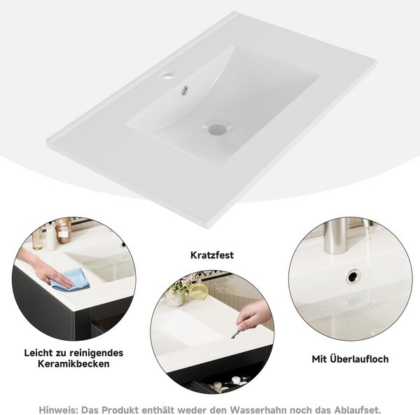 Flieks Waschtisch 76x46.5x85.5cm, freistehender Badezimmerschrank mit Keramikwaschbecken, 3 Schubladen, Doppeltür, schwarz Bild 7