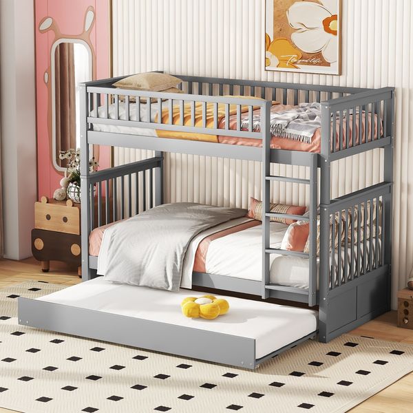 Etagenbett aus Kiefernholz mit Ausziehbett & Treppe, 90x200 cm, Grau, ohne Matratze