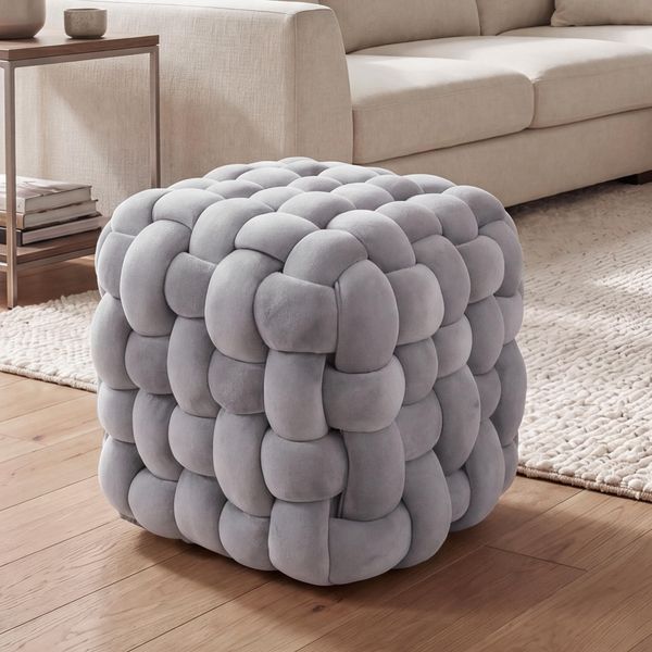 Hocker HWC-Q48, Sitzhocker Ottomane Polsterhocker Knoten-Pouf, Samt (220g/m²) 39cm ~ dunkelgrau