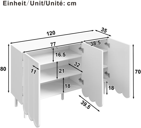 Sideboard, Modern, Weiß, Wellentüren, 120 × 35 × 80 cm, Grifflos, Verstellbare Regale, Stauraum für Wohnzimmer, Flur, Esszimmer Bild 5