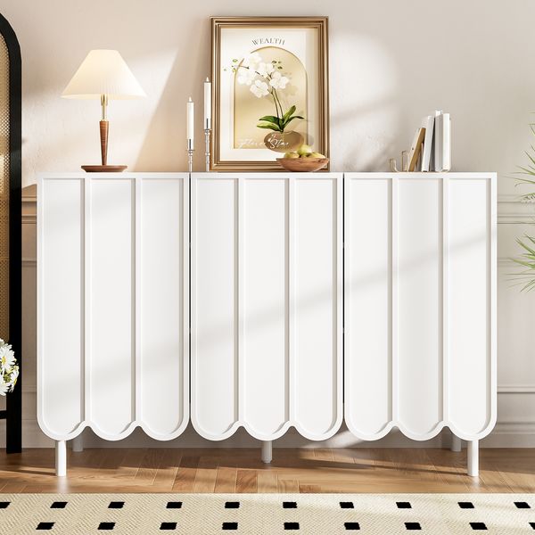 Sideboard, Modern, Weiß, Wellentüren, 120 × 35 × 80 cm, Grifflos, Verstellbare Regale, Stauraum für Wohnzimmer, Flur, Esszimmer