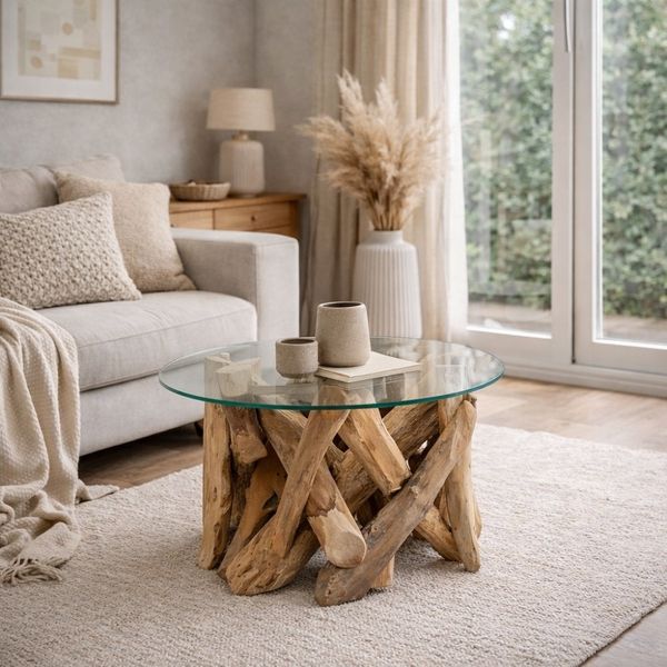Teak Couchtisch TORA-rund ca. D70cm Wohnzimmertisch Sofatisch Glastisch Tisch