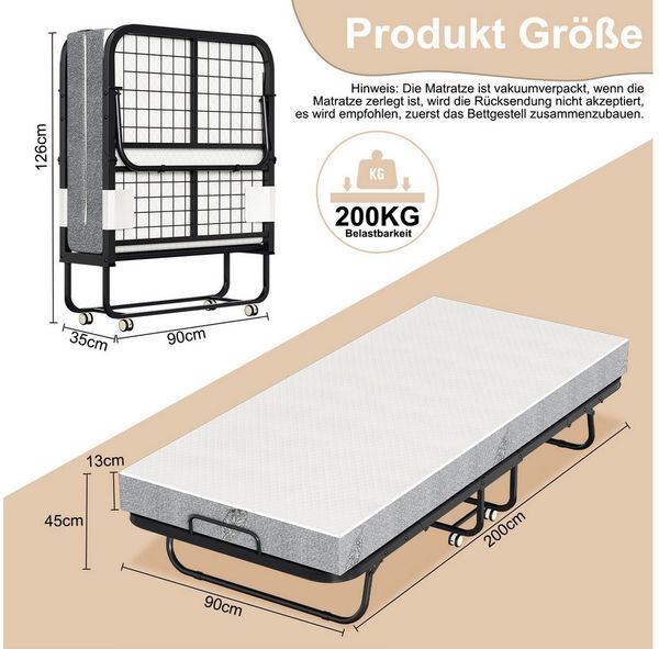 Clanmacy Gästebett Erwachsene Gästebett Klappbar mit13 cm Dicke Matratze 200x90cm