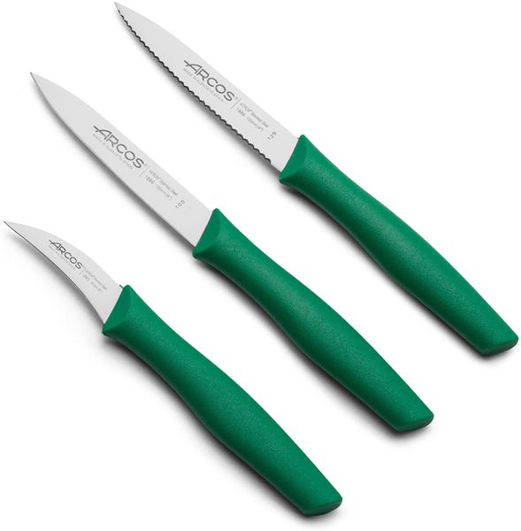 Arcos Set 3 Schälmesser aus Edelstahl - Ergonomischer Griff aus Polypropylen, Ideal für Schneiden von Obst, Gemüse und Knollen - Grün, Serie Nova