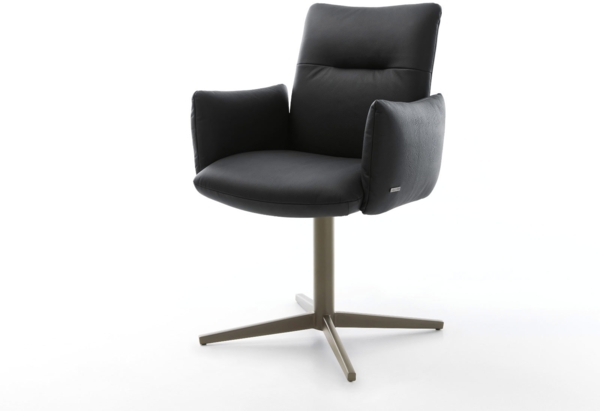 Drehstuhl Jova-Flex mit Armlehnen Echt-Leder Schwarz Fußkreuz Effektfinish Titan 360° drehbar Taschenfederkern