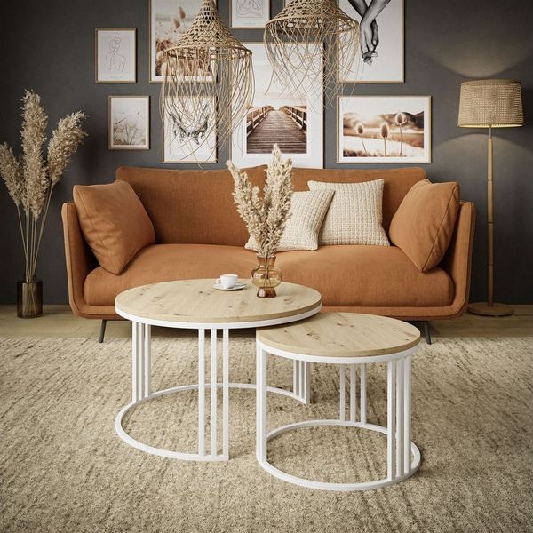Lookway Couchtisch LORI LOFT 2in1 mit Tischplatte in Eiche-Dekor (2er Set), Durchmesser: ⌀70 cm und ⌀50 cm