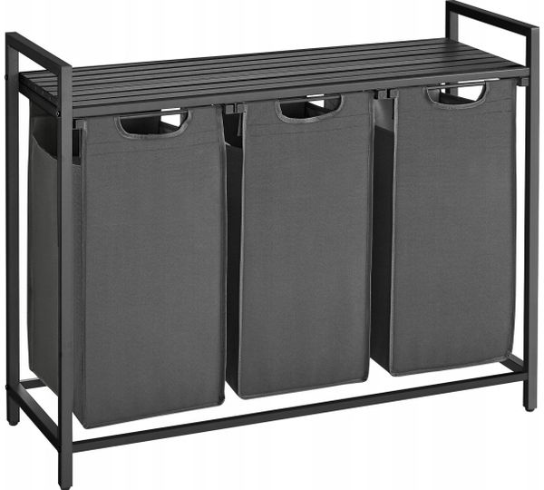 Vasagle Laundry Basket Wäschekorb mit 3 Fächern ausziehbare und herausnehmbare Wäschesäcke Wäschesortierer Ablage Metallrahmen 3 X
