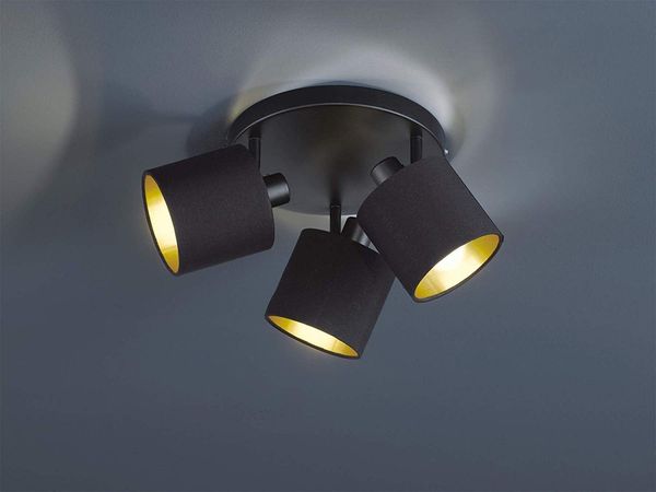 LED Deckenstrahler 3-flammig Schwarz, Stoffschirme Schwarz Gold, Ø 25cm