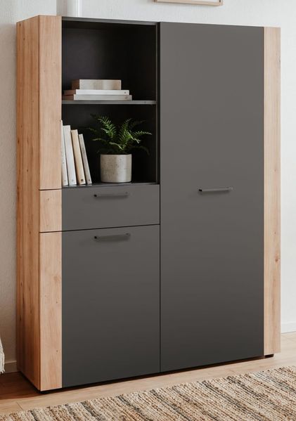 Highboard Kampen in grau und Eiche 100 x 155 cm