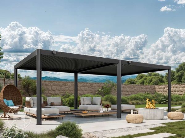 PRIMEYARD Pergola 4x7 m - Pfosten und Lamellendach aus Aluminium - anthrazitfarbene Terrassenüberdachung