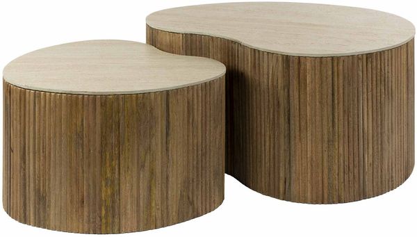 Couchtisch 2er-Set Tratin - Mangoholz, Keramik, sandfarbig, Nierenform