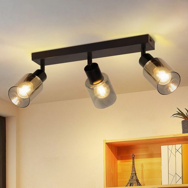 ZMH Deckenstrahler 3 flammig Deckenlampe E14: Vintage Deckenleuchte Schwarz 350° Schwenkbar Küchenlampe Metall Deckenspots Glas Spotleuchte Wand für Wohnzimmer Flur Küche - Ohne Leuchtmittel