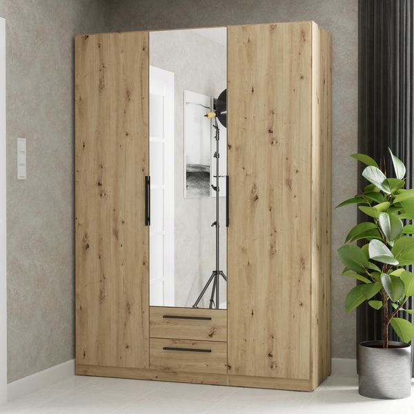 Forte CADIXO Kleiderschrank 150, moderner 3-türiger Schrank, Holzwerkstoff, Schlafzimmer, Jugendzimmer, Stauraum, Artisan Eiche Holzdekor mit Spiegel, 150,6 cm breit x 212,9 cm hoch x 58,9 cm tief