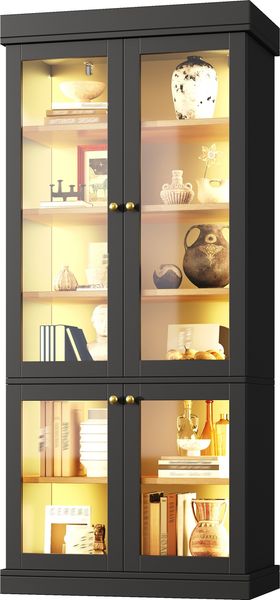 Merax Glasvitrine, Hochschrank, Standhochschrank mit integrierter LED-Stimmungsbeleuchtung, mit Kippschutz, Schwarz Bild 10