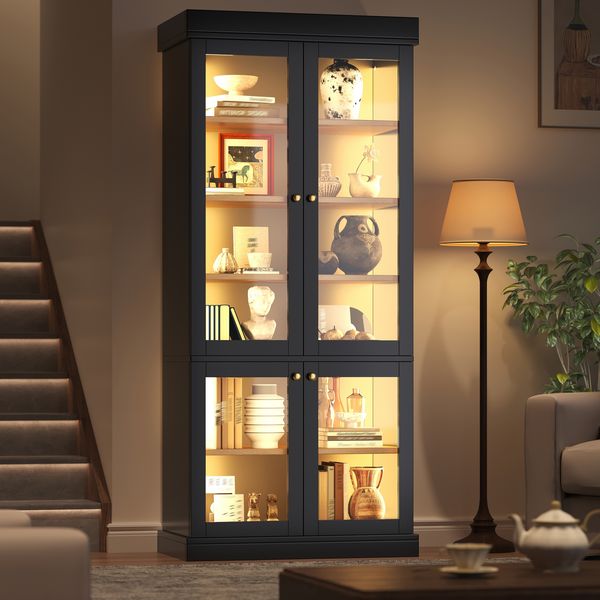 Merax Glasvitrine, Hochschrank, Standhochschrank mit integrierter LED-Stimmungsbeleuchtung, mit Kippschutz, Schwarz