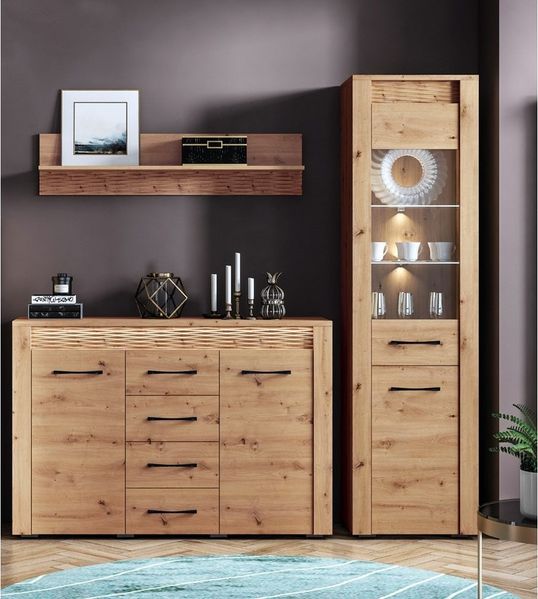 Lomadox Wohnzimmer-Set ARTA-131, (Mega-Spar-Set, 3-St, 3-tlg), mit Wandregal in Artisan Eiche Nb. 213/200/40 cm