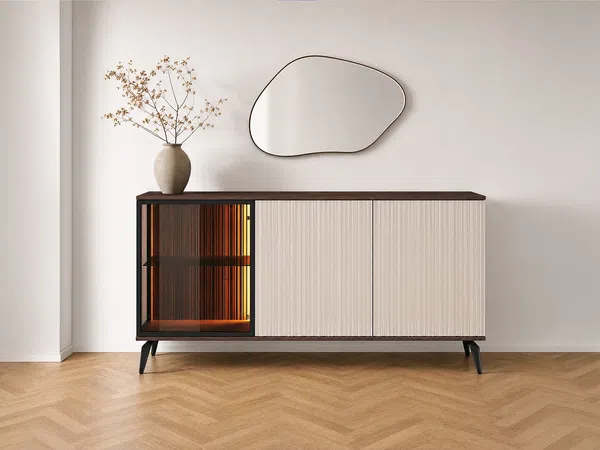 Vente-unique - JANEYA Sideboard GlasHolz, Platte BraunBeige - B 39 cm x H 80 cm x L 154 cm