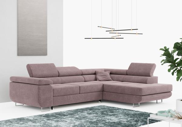 Ecksofa L-Form Couch mit Schlaffunktion und Verstellbare Kopfstützen - GUSTAW - Rose Stoff - Rechts