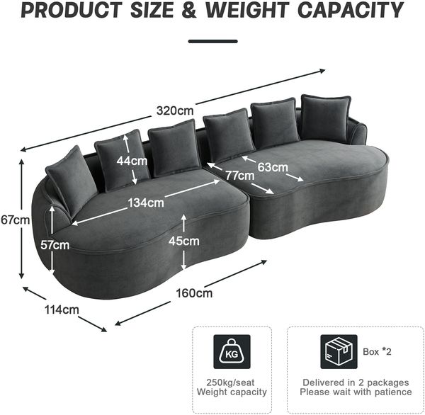 Sofa 4-Sitzer in Grau, Chenille-Bezug, rahmenlos mit tiefer Sitzfläche, verstellbarem Sitzkissen und Kissen,67x320x114 cm Bild 4