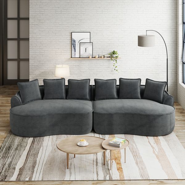 Sofa 4-Sitzer in Grau, Chenille-Bezug, rahmenlos mit tiefer Sitzfläche, verstellbarem Sitzkissen und Kissen,67x320x114 cm