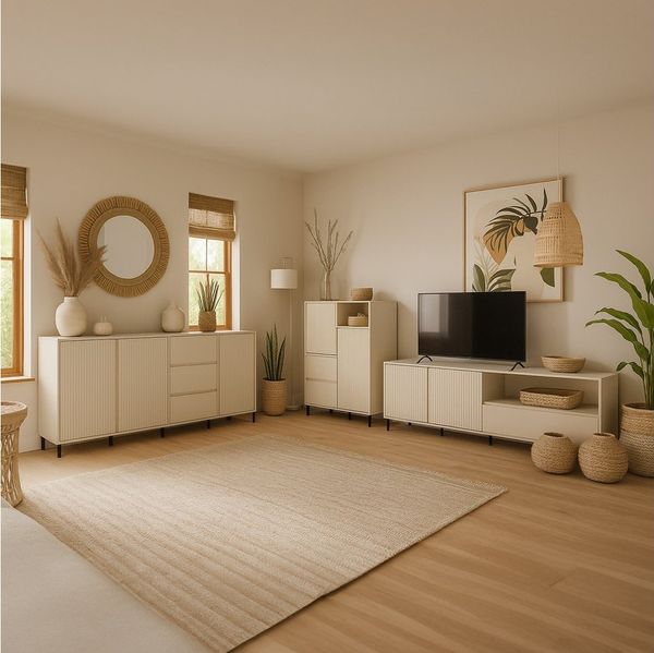 Lomadox Wohnzimmer-Set AMELIA-129, (Mega-Spar-Set, 3-St, Highboard Lowboard Sideboard), Sideboard Highboard Lowboard Kaschmir Rillen