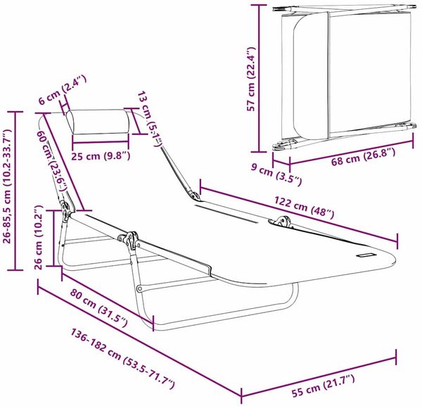 vidaXL Klappbare Sonnenliege Grau 182 x 55 x 85,5 cm Textilene 42003156 Bild 11