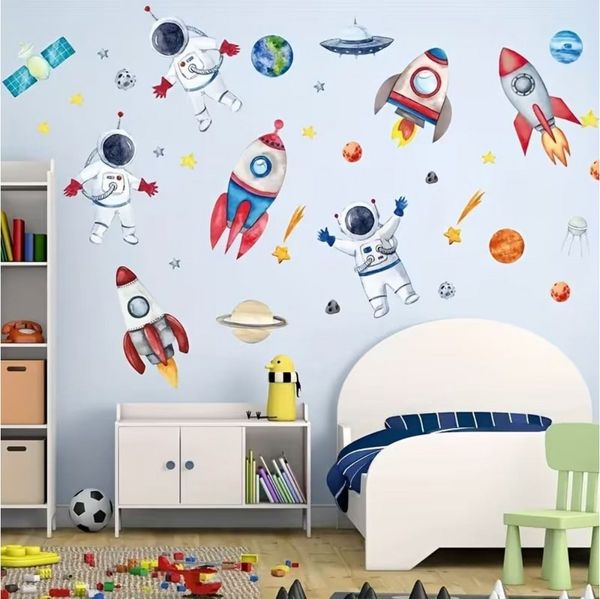 Montegoni Wandsticker Astronaut Wandsticker Kinderzimmer Weltall Deko Set, Raketen Planeten (Mehrteiliges Wandtattoo Set, 1 Set Wandsticker Kinder), Selbstklebend, farbstabil, rückstandslos, individuell platzierbar