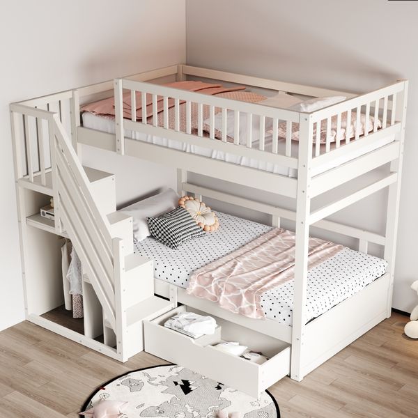 Etagenbett 90×200 cm mit hohem Rausfallschutz, Stauraumtreppe und Schublade, Weiß, ohne Matratze