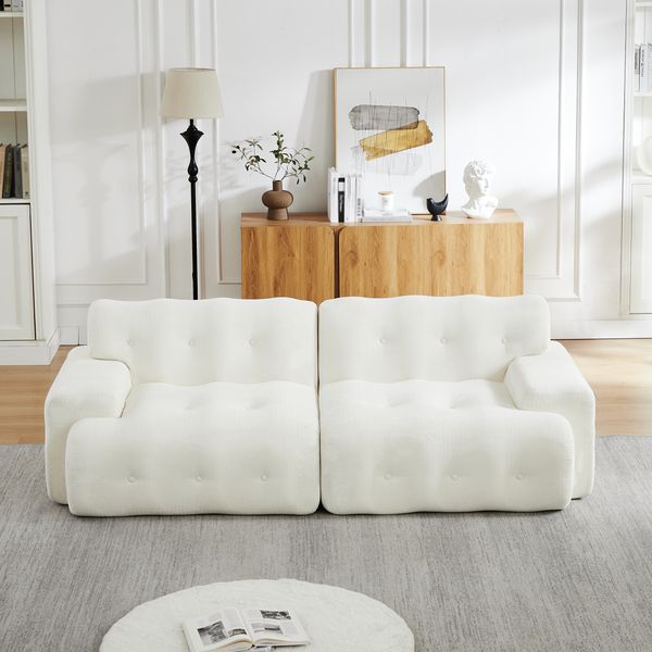 Sofa 224x104x66 cm in Beige, Chenille-Zweisitzer mit 68 cm Sitztiefe, breiten Armlehnen und knopfgesteppter Polsterung,66x224x104 cm
