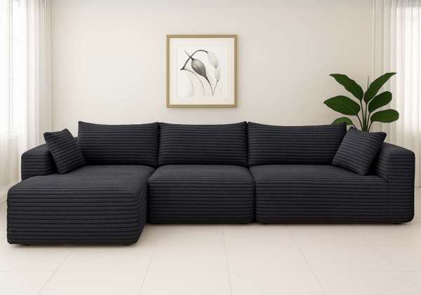 Sofa-Garnitur HWC-P20, 3-Sitzer Couch Loungesofa, Stoff/Textil Cord (370 g/m²) Liegefläche links ~ dunkelgrau
