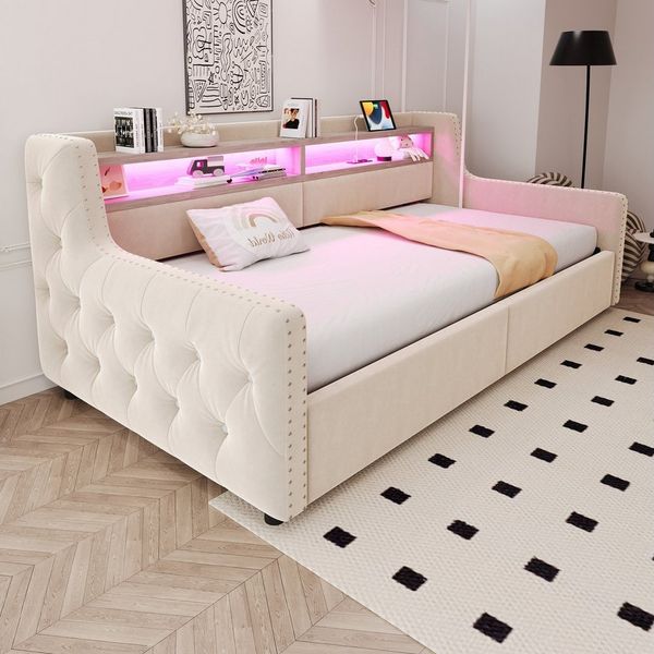 Celya Polsterbett Schlafsofa 90 x 200 cm, Mit hydraulischem Stauraum (ohne Matratze, Mit LED-Beleuchtung, Ablagefach, Steckdose und Ladeanschlus)