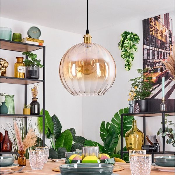 hofstein Hängeleuchte Hängelampe aus Metall/Riffelglas in Gold-/Bernsteinfarben/Klar, ohne Leuchtmittel, Hängeleuchte im Retro/Vintage-Design (Schirm Ø 30 cm), 1 x E27