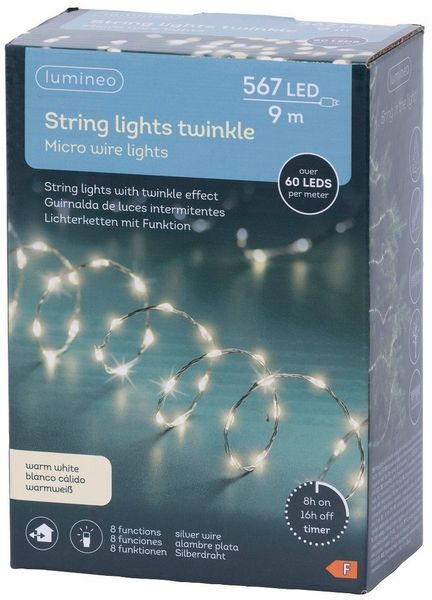 Lumineo LED-Lichterkette Lumineo Lichterkette STRING LIGHTS TWINKLE 567 LED 9 m, warm weiß, Indoor/Outdoor, 8 Licht-Modi, 8h-Timer, + 5 Meter