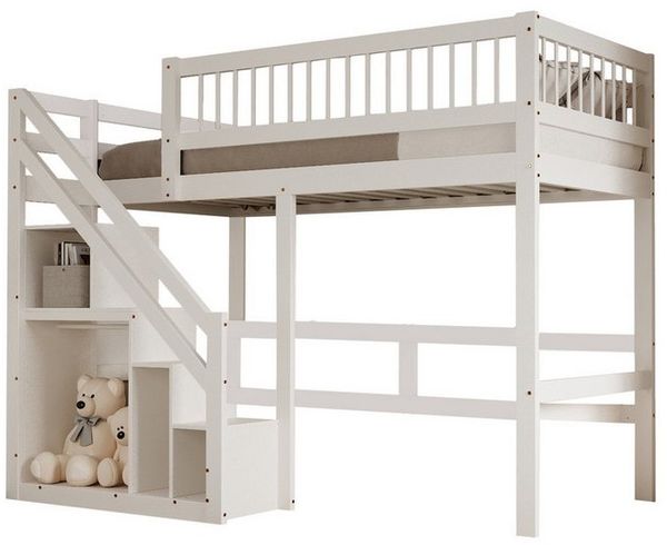Flieks Hochbett Massivholz Einzelbett Kinderbett 90x200cm mit Stauraumtreppe