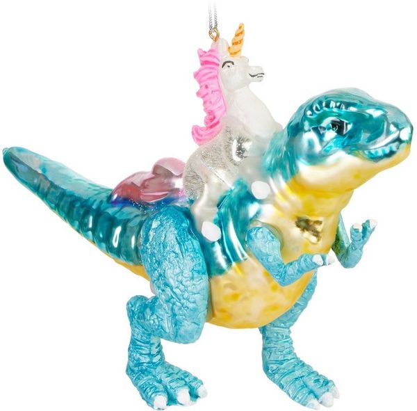 BRUBAKER Weihnachtsbaumkugel Einhorn reitet auf Dinosaurier Weihnachtskugel aus Glas - Handbemalt (1 St), Christbaumschmuck Dino Figur Lustig - Raptor Xmas