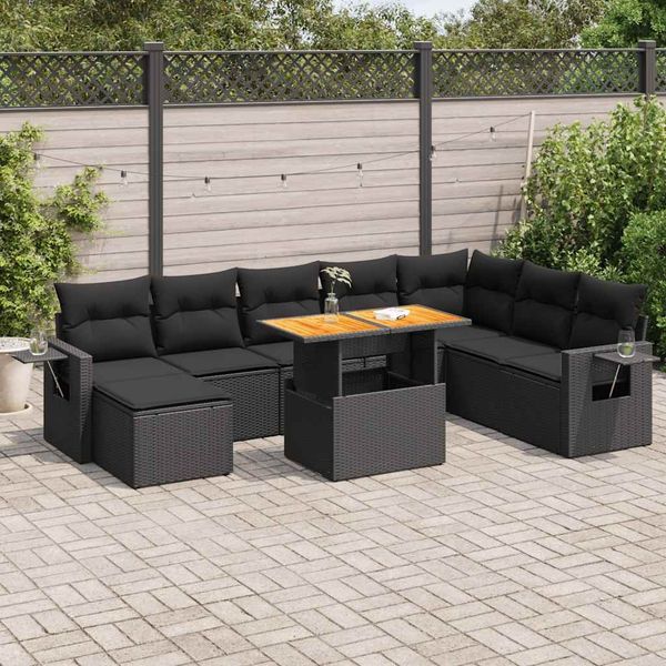 vidaXL 9-tlg. Garten-Sofagarnitur mit Kissen Schwarz Poly Rattan 3327184