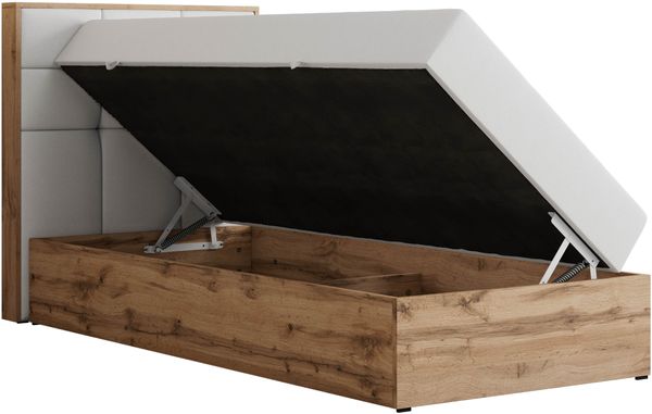 Boxspringbett ALBERO 1 90x200 mit Stauraum, 7-Zonen Multipocket Matratze H4, Bettkasten mit Federautomat, Öffnungsseite wählbar, Hotelbett - Weiß Kunstleder - Topper Visco - Links Bild 4