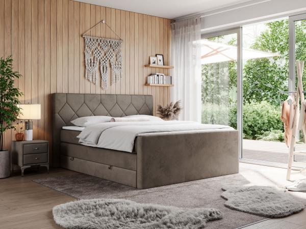 Boxspringbett KING EIGAR, mit einer Doppelmatratze, einem genähten Kopfteil - 140x200 - Braun Velours - H3